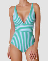 Striped Plunging Neck Bust Shaper One Piece Swimsuit