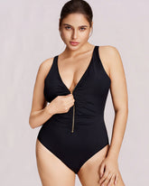 Zip-Front Ruched Wide Strap Shaping Swimsuit