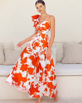 One Shoulder Ruffle Printed One Piece Swimsuit and Skirt