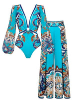Butterfly and Dragonfly Long Sleeve Hollow Print One Piece Swimsuit and Skirt