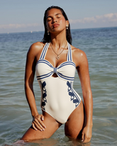 Navy Style Printed Bow Tie Decor One Piece Swimsuit and Skirt