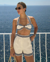 Navy Style Printed Bikini Swimsuit and Shorts