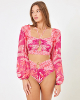 Long-sleeved Tropical Jungle Print Bikini Swimsuit and Sarong