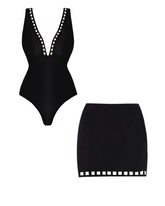 Black Hollow Design V-neck One Piece Swimsuit and Skirt