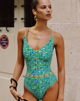 Tweed Print Metal Buckle One Piece Swimsuit and Skirt