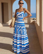 Sling Water Ripple Printed One Piece Swimsuit and Striped Skirt Flaxmaker