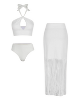 Tassel Solid Color Bikini Swimsuit and Sarong