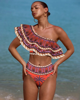 One Shoulder Ruffle Printed Bikini Swimsuit and Skirt