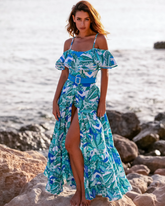 Off Shoulder Ruffled Printed One Piece Swimsuit and Skirt