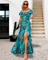 Removable Shoulder Strap Off Shoulder Marine Organism One Piece Swimsuit and Skirt