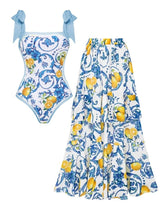 Lemon Print Tie-shoulder One Piece purple or Skirt Flaxmaker