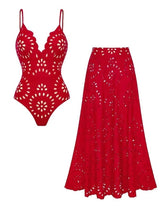 Red Laser Cutting Flower Hollow One Piece Swimsuit and Skirt