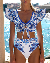 Ruffle V Neck Blue Majolica Print High Waist Bikini Swimsuit and Skirt or Pants