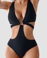 Sexy Metal O Ring Linked Cutout Low Cut One Piece Swimsuit