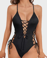 Deep Plunge V Neck High Cut Lace Up Swimsuit