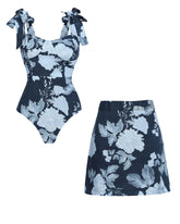 Tie-shoulder Blue Flower Print Swimsuit Set(s)