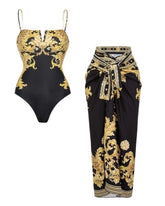 Vintage Black Gold Baroque Print Metal chain small V-neck One Piece Swimsuit and Skirt
