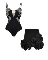 Rhinestones Flower Decor One Piece Swimsuit and Skirt