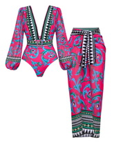 Long-sleeved Peacock Totem Print One Piece Swimsuit and sarong