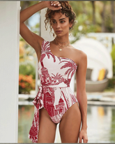 One Shoulder Coconut Palm Print One Piece Swimsuit and sarong