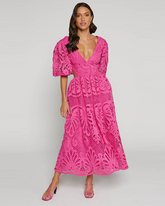 V Neck Puff Sleeve Lace Dress