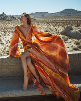 V Neck Chiffon Long Sleeve Orange One Piece Swimsuit and Skirt