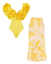 3D Flowers Decor One Piece Swimsuit and Skirt