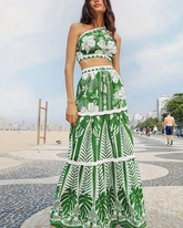 One Shoulder Green Flower Printed Bikini Swimsuit and Skirt