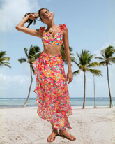 Ruffled Straps Floral Print Bikini Swimsuit and Skirt