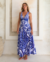 V Neck Classic Majolica Series Pattern Print One Piece Swimsuit and Pants or Shorts