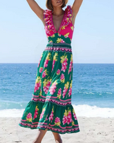 Ruffled Deep V Retro Green Grapes Print One Piece Swimsuit and Skirt