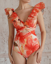 Ruffle Shoulder Flower Print One Piece Swimsuit and Skirt