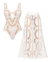 Laser White Hollow Out One Piece Swimsuit and Skirt
