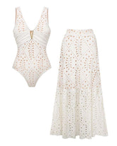 V Neck Solid Color Laser Cutting Flower One Piece Swimsuit and Skirt