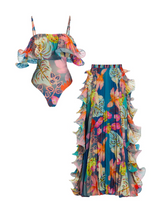 Flowers Printed One Piece Swimsuit and Skirt