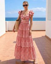 Ruffle Red Striped Printed Cut Out One Piece Swimsuit and Skirt