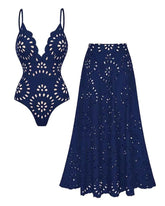 Navy Blue Laser Cutting Flower Hollow One Piece Swimsuit and Skirt