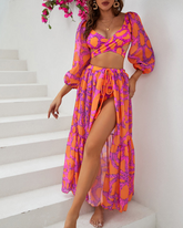 Long Sleeve V Neck Printed Bikini Swimsuit and Skirt Flaxmaker
