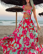 Printed Ruffled Starp High Waist Bikini Swimsuit and Skirt