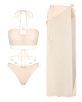 Pearl Detail Halter Lace Up Bikini Swimsuit and Sarong Flaxmaker