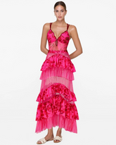 Rose Red Flower Print Net Yarn Splicing One Piece Swimsuit and Tiered Skirt