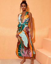 Halter Printed One Piece Swimsuit and Skirt Flaxmaker