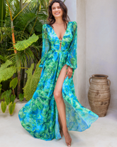 Long-sleeved Jungle Green Print One Piece Swimsuit and Skirt