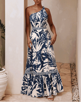 One SHoulder Leaves Print One Piece Swimsuit and Pants