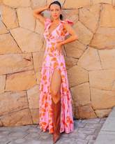 Ruffled V Neck Pink One Piece Swimsuit and Side Slit Skirt Flaxmaker