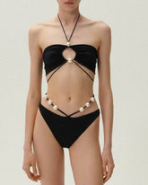 Pearl Detail Halter Lace Up Sexy Bikini Swimsuit and Sarong