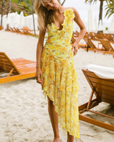 Appliques Yellow Lily Floral Print One Piece Swimsuit and Skirt