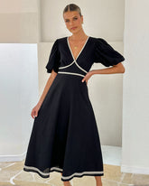 V Neck Puff Sleeve Midi Dress