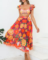 Ruffle Contrast Print Bikini Swimsuit and Skirt