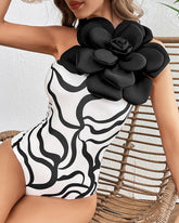3D Flower Printed One Piece Swimsuit and Skirt